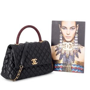 CHANEL Black Quilted Leather Satchel with Burgundy Top Handle